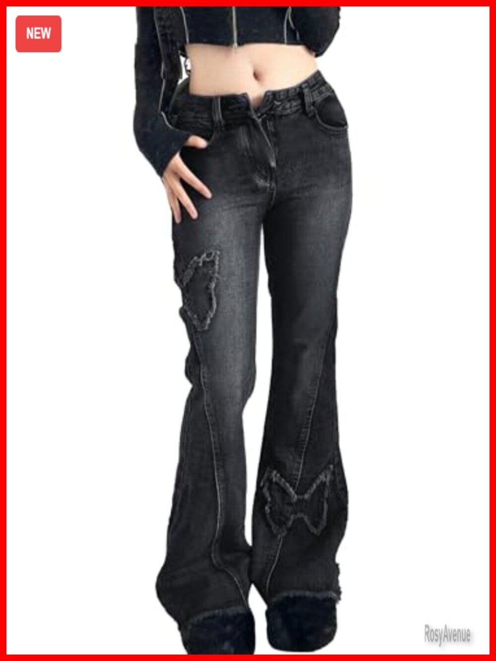 Women's Y2K Butterfly Embroidered Flare Jeans Low Rise Denim Bell Bottom